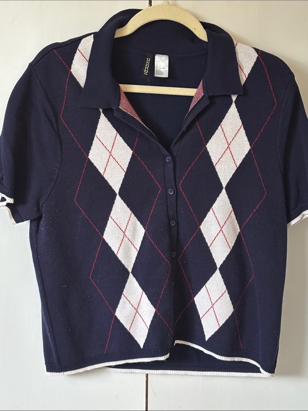 H&M Navy Argyle Polo Knit Top with White and Red Accents